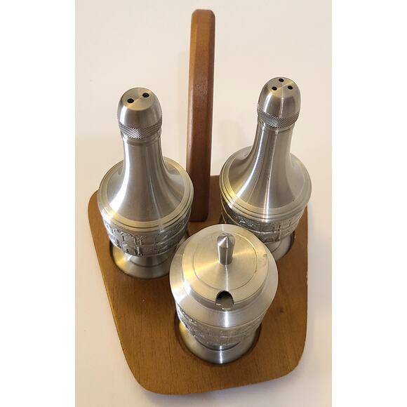 Condiment Set Royal Pewter Thailand Salt Pepper Shakers Jam Pot Teak Holder - Picture 3 of 8